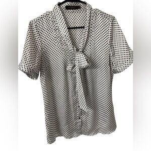 The Limited Black and White Short Sleeve Polka Dot Tie Neck Blouse